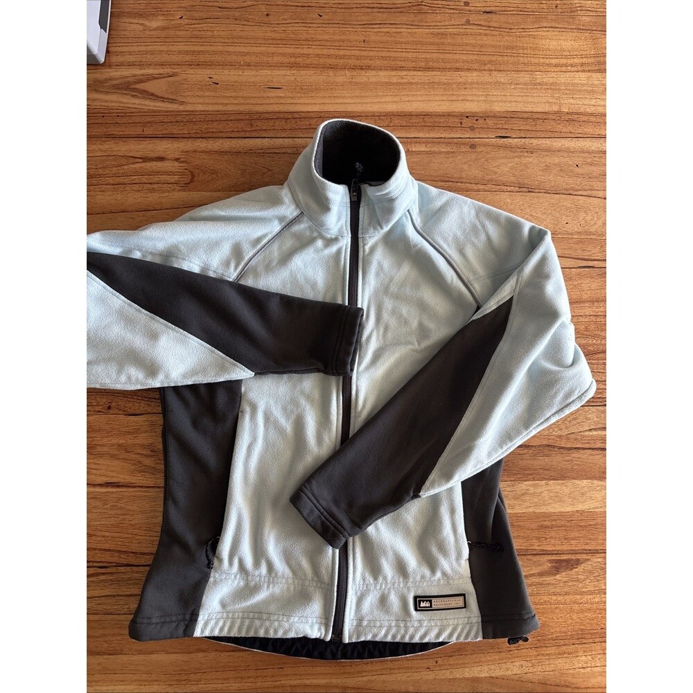 REI Jacket Womens Medium Blue Colorblock Mid-Length Slim Fleece Full Zip Pockets